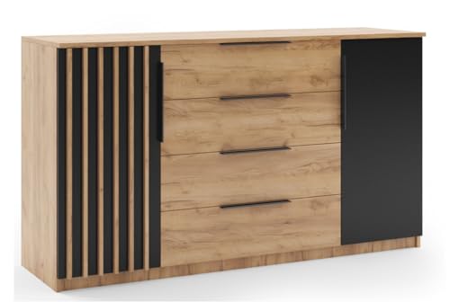 B&M Furniture Kommode mit Lamellen Sorento - Moderne Kommode Minimalistisch, Loft-Stil - 160x48x89 cm - Korpus Craft Gold, Fronten Schwarz/Craft Gold, Lamellen Craft Gold von B&M Furniture