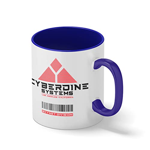 Cyberdyne Systems ART By Dune Inspired By Terminator Weiße Kaffeetasse Mug mit blauem Felgen und Griff von B&S Boutique