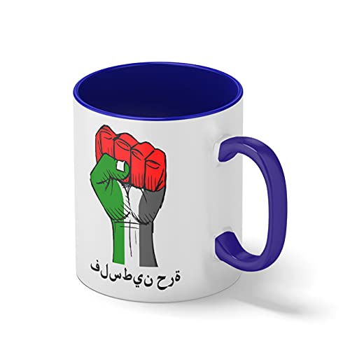 Free palestine Flag Arabic Weiße Kaffeetasse Mug mit blauem Felgen und Griff von B&S Boutique