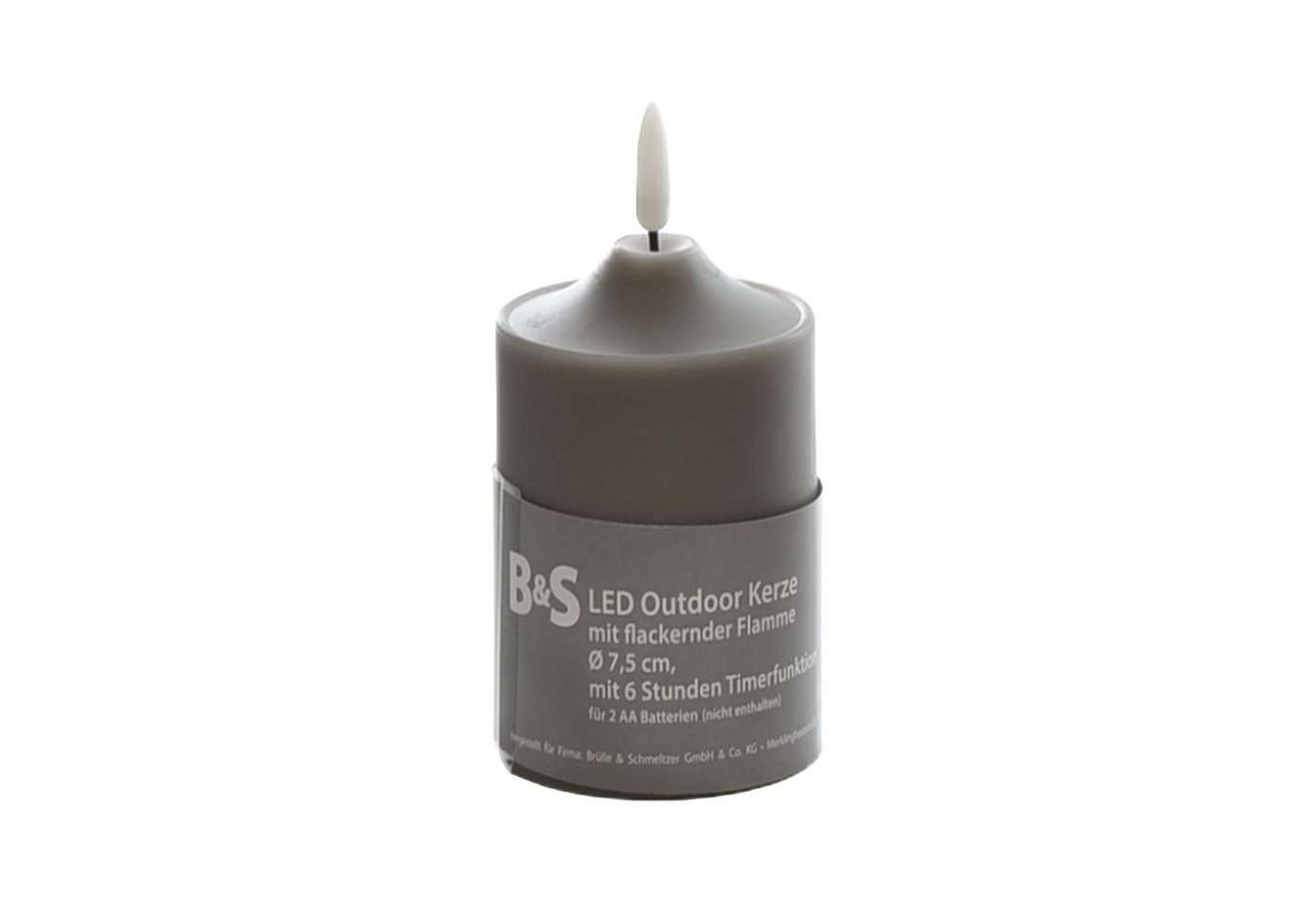 B&S LED-Kerze LED Kunststoffkerze Outdoor grau 10 x Ø 7,5 cm Flackerflamme & Timer von B&S