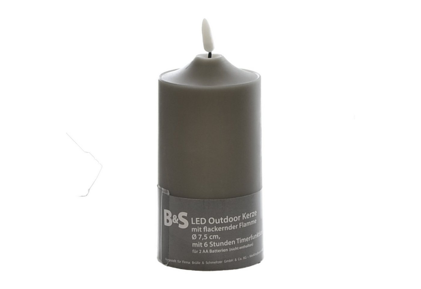 B&S LED-Kerze LED Kunststoffkerze Outdoor grau 15 x Ø 7,5 cm Flackerflamme & Timer von B&S