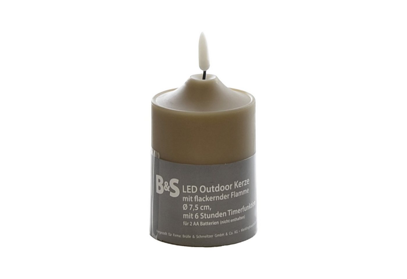 B&S LED-Kerze LED Kunststoffkerze Outdoor taupe 10 x Ø 7,5 cm Flackerflamme & Timer von B&S