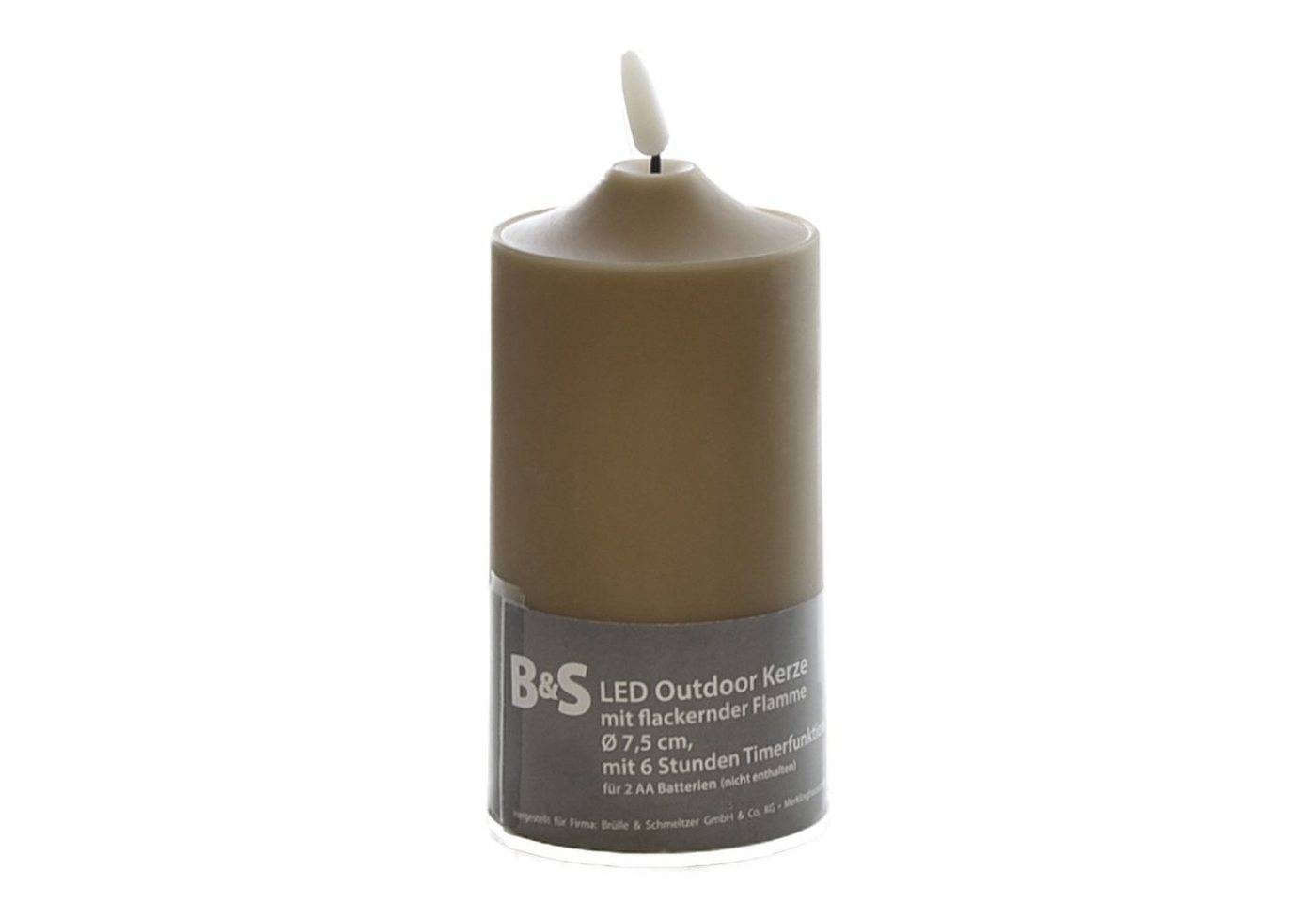 B&S LED-Kerze LED Kunststoffkerze Outdoor taupe 15 x Ø 7,5 cm Flackerflamme & Timer von B&S