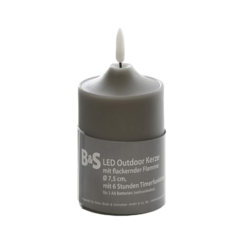 B & S LED Kunststoffkerze Outdoor grau 10 x Ø 7,5 cm Flackerflamme & Timer von B & S