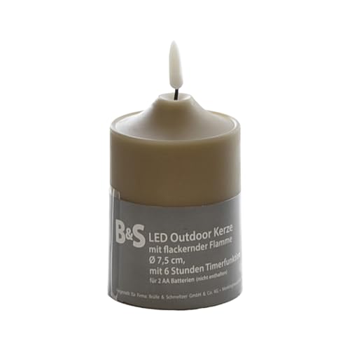 B & S LED Kunststoffkerze Outdoor taupe 10 x Ø 7,5 cm Flackerflamme & Timer von B & S