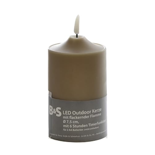 B & S LED Kunststoffkerze Outdoor taupe 12,5 x Ø 7,5 cm Flackerflamme & Timer von B & S