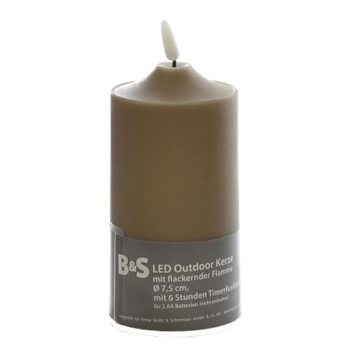 B & S LED Kunststoffkerze Outdoor taupe 15 x Ø 7,5 cm Flackerflamme & Timer von B & S