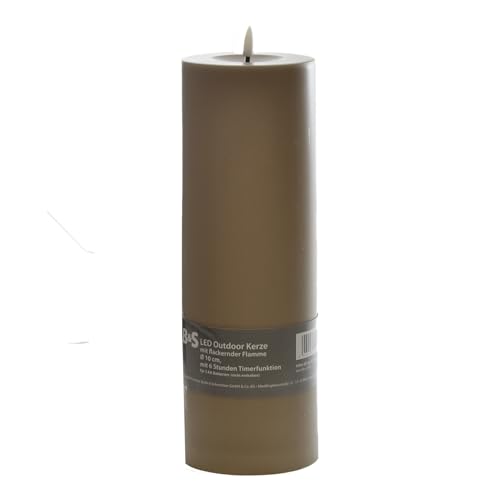 B & S LED Kunststoffkerze Outdoor taupe 30 x Ø 10 cm Flackerflamme & Timer von B & S