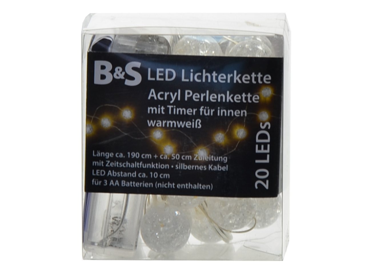 B&S LED-Lichterkette LED Batterie Acryl Perlen Lichterkette 20 LEDs warmweiß Innenbereich von B&S