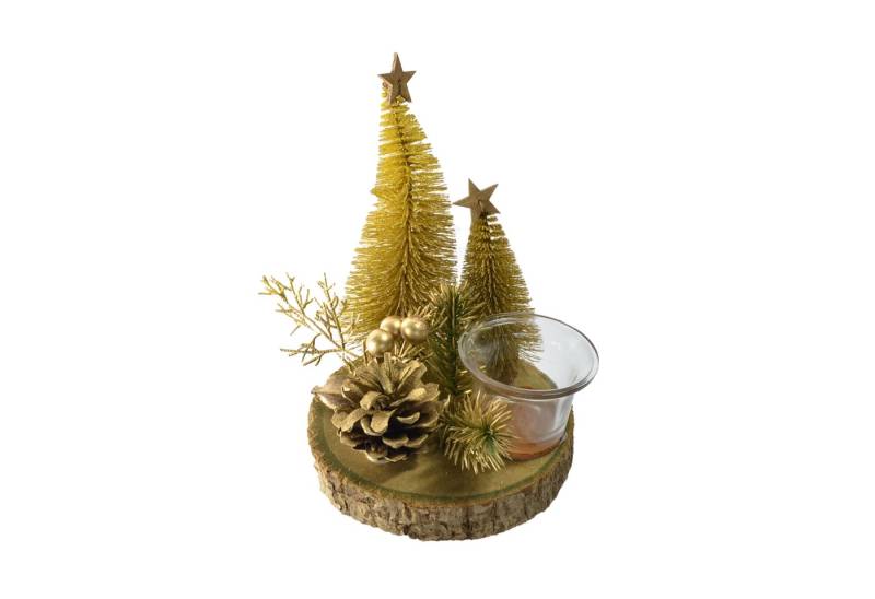 B&S Teelichthalter Weihnachts Teelichtglas auf Holzplatte in Goldtönen Ø 14 cm von B&S