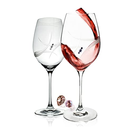 B.BOHEMIAN Rotweingläser SWAROVSKI Exklusiv Dekor, 2er Set 470ml, Handgemachtes Weingläser Rotwein und Prosecco Gläser von Diamant Cristallin Glas, Perfekt für Jahrestag, Hochzeit Geschenk von B.BOHEMIAN