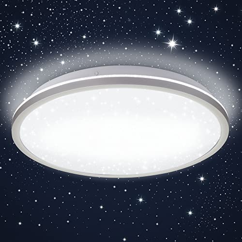B.K.Licht - LED Deckenlampe mit Sternenhimmel, indirektes Licht, neutralweiße Lichtfarbe, LED Deckenleuchte, LED Lampe, Wohnzimmerlampe, Schlafzimmerlampe, Küchenlampe, 28x4,2 cm, Silberfarbig von B.K.Licht