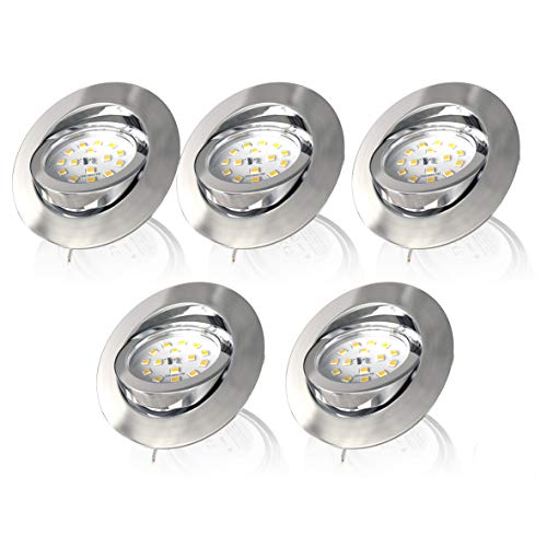 B.K.Licht - 5er Set LED Einbaustrahler 230V dimmbar in Stufen, schwenkbar, Lochdurchmesser 68mm, LED Spot, flach, Deckenspots, LED Spots, Einbauleuchten, Einbauspots LED, 82x28 mm, Matt-Nickel von B.K.Licht