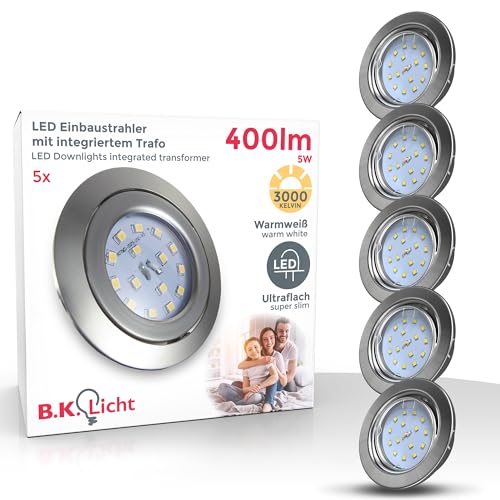 B.K.Licht - 5er Set LED Einbaustrahler 230V schwenkbar, warmweiße Lichtfarbe, Lochmass 68mm, LED Spot, flach, Deckenspots, LED Spots, Einbauleuchten, Einbauspots LED, 86x26 mm, Matt-Nickel von B.K.Licht