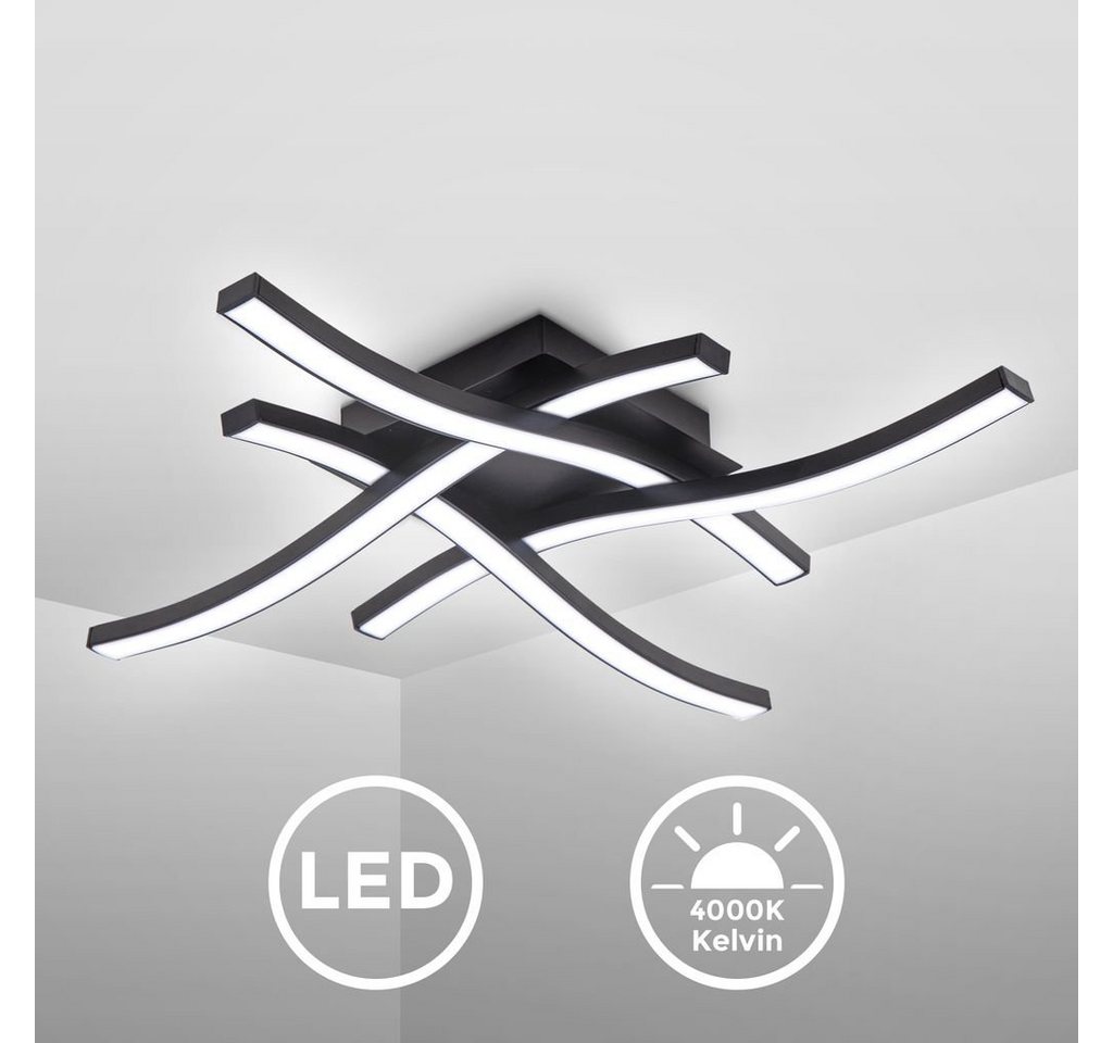 B.K.Licht Deckenleuchte moderne LED Deckenlampe 42,5x42,5cm Design 4-flammig schwarz - BKL1431, LED fest integriert, Neutralweiß, 4000K Wohnzimmerleuchte Decke 20W 2000lm wellenförmig Hashtag Küche von B.K.Licht