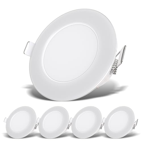 B.K.Licht - 5er Set LED Bad Einbaustrahler 230V flach, IP65, neutralweiße Lichtfarbe, Lochmass 68mm, LED Spot, Deckenspots, LED Spots, Einbauleuchten, Einbauspots LED, Badezimmer, 86x30 mm, Weiß von B.K.Licht