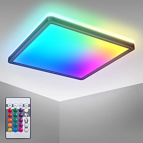 B.K.Licht - LED Deckenlampe mit indirektem Licht, Fernbedienung, buntes RGB+W Licht, LED Panel, LED Deckenleuchte, LED Lampe, Wohnzimmerlampe, Schlafzimmerlampe, Küchenlampe, 29x29x3 cm, Schwarz von B.K.Licht