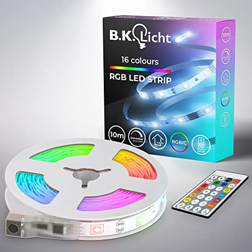 B.K.Licht - LED Strip 10 m mit Musiksensor, Fernbedienung, RGB IC dynamischer Farbwechsel, LED Streifen, Leiste, Zimmer deko, Gaming Deko, Band, Lichtleiste, 100x1x0,3 cm, Weiß von B.K.Licht
