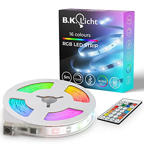 B.K.Licht - USB LED Strip 5m mit Musiksensor, Fernbedienung, RGB IC dynamischer Farbwechsel, LED Streifen, Leiste, Zimmer deko, Gaming Deko, Band, Lichtleiste, 500x0,8x0,3 cm, Weiß von B.K.Licht
