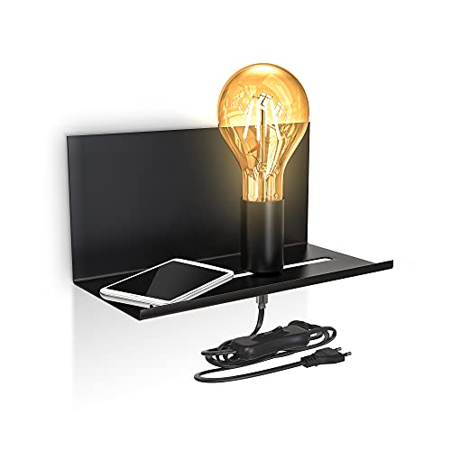B.K.Licht - Wandleuchte innen mit Ablage, E27 Fassung, max. 10 Watt, Vintage, Wandlampe innen, Wandstrahler, Wandlicht, Wandbeleuchtung, Schlafzimmer, 25x11,5x12 cm, Schwarz von B.K.Licht