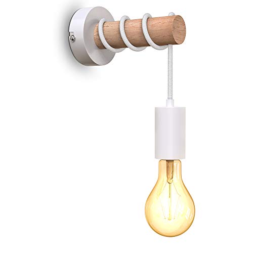 B.K.Licht - Wandleuchte Innen mit Holzapplikation, E27 Fassung, max. 10 Watt, Wandlampe innen, Wandstrahler innen, Wandlicht, Wandbeleuchtung, Schlafzimmer, Flurlampe, 9,6x18,5 cm, Weiß von B.K.Licht