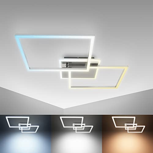 B.K.Licht - LED Deckenlampe mit Fernbedienung, beleuchtete Auflage, einstellbar von warmweiß bis kaltweiß, LED Deckenleuchte, LED Lampe, Wohnzimmerlampe, Schlafzimmerlampe, 50x38,8x8 cm, Chrom-Alu von B.K.Licht