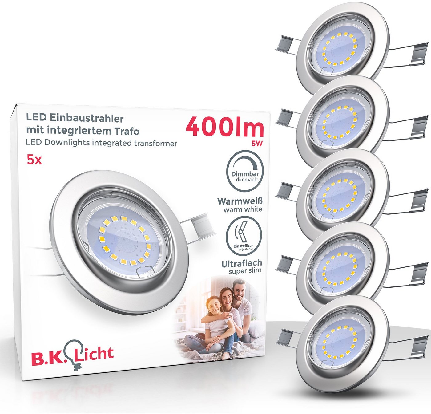 B.K.Licht LED Einbauleuchte, LED wechselbar, Warmweiß, LED Einbaustrahler, dimmbar, ohne Dimmer GU10, inkl. 5W 400lm 5er SET von B.K.Licht