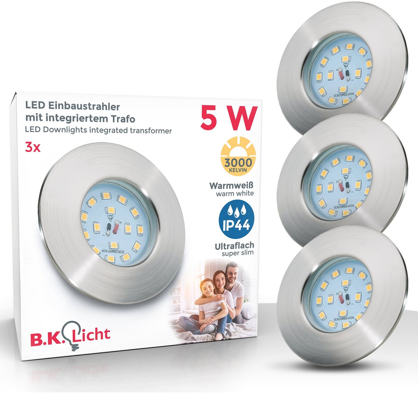 B.K.Licht LED Einbauleuchte Elias, LED fest integriert, Warmweiß, LED Einbaustrahler, ultra-flach, Badezimmer, IP44 Decken-Spot, 3er SET von B.K.Licht