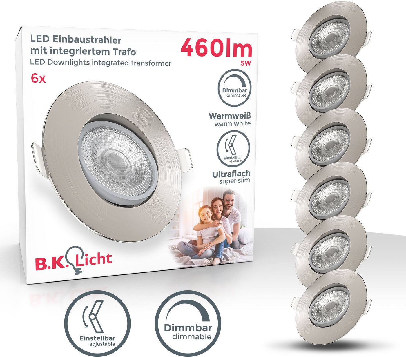 B.K.Licht LED Einbaustrahler, LED fest integriert, Warmweiß, Einbauleuchte, dimmbar, Deckenlampe, Spots, schwenkbar, 5W, 6er SET von B.K.Licht