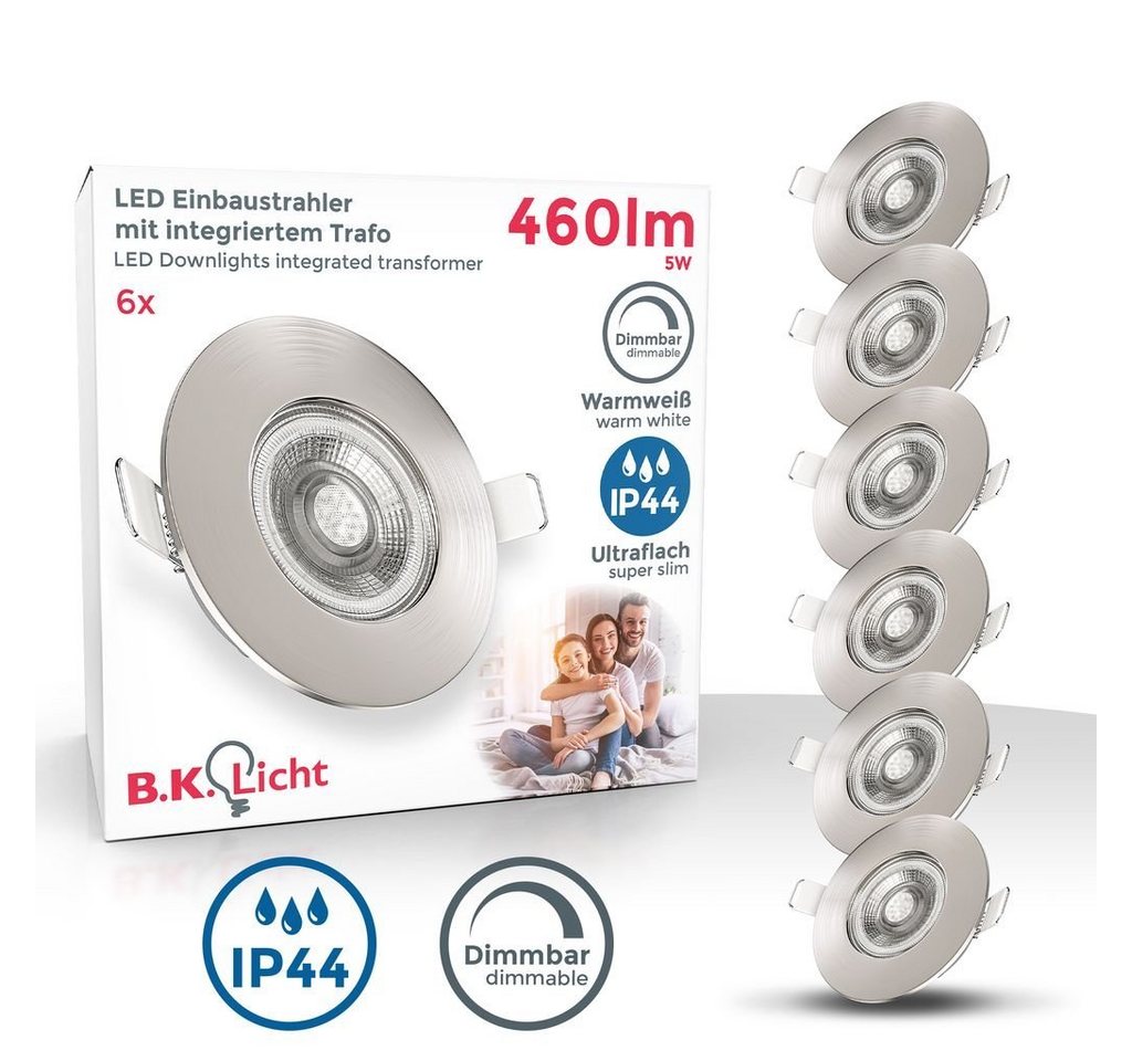 B.K.Licht LED Einbaustrahler LED Bad Einbauleuchten 6er Set Dimmbar Ultraflach 6x 5W IP44 - BKL1283, Dimmfunktion, LED fest integriert, Warmweiß, Ø90mm Matt-Nickel 6x 460 Lumen 3.000K IP44 Bad Badspots von B.K.Licht