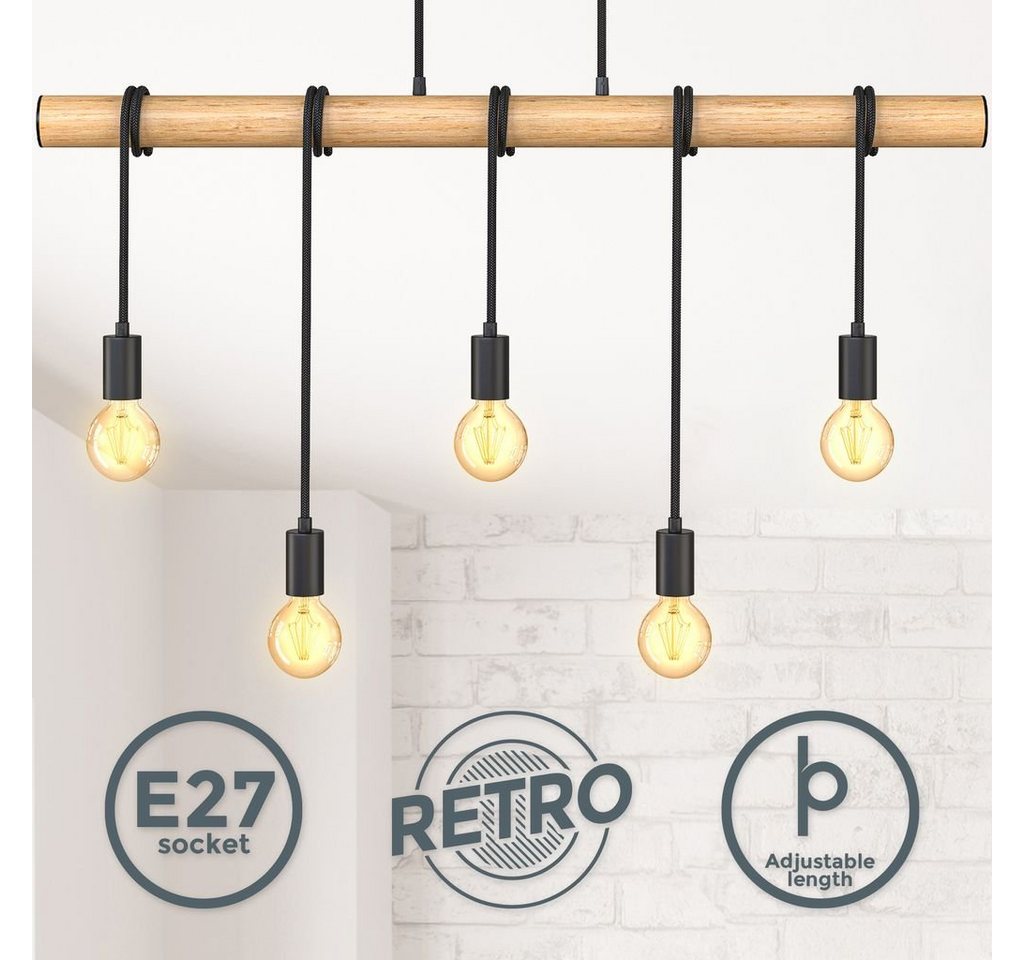 B.K.Licht LED Pendelleuchte BKL1339, ohne Leuchtmittel, 5-flammige Pendelleuchte Metall und Holz E27 schwarz matt vintage Pendellampe retro-Hängelampe ohne Leuchtmittel von B.K.Licht