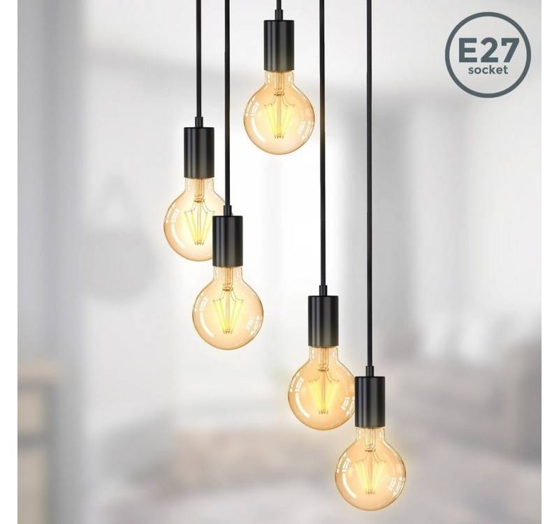 B.K.Licht LED Pendelleuchte Hängelampe E27 Matt-Schwarz Retro Pendellampe Ø210x1200mm - BKL1386, ohne Leuchtmittel, 10W 5-Flammig verschiedene Höhen Wohnzimmer Esszimmer von B.K.Licht