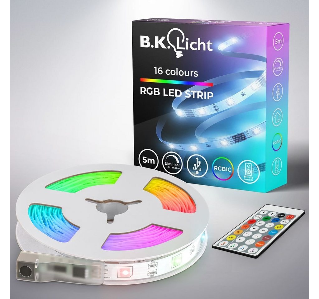 B.K.Licht LED-Streifen 5m USB RGBIC Strip Band dimmbar Musiksensor Fernbedienung - BKL1563, Lichtleiste Farbwechsel Lauflicht Musik Sync 5W 150 LED selbstklebend von B.K.Licht