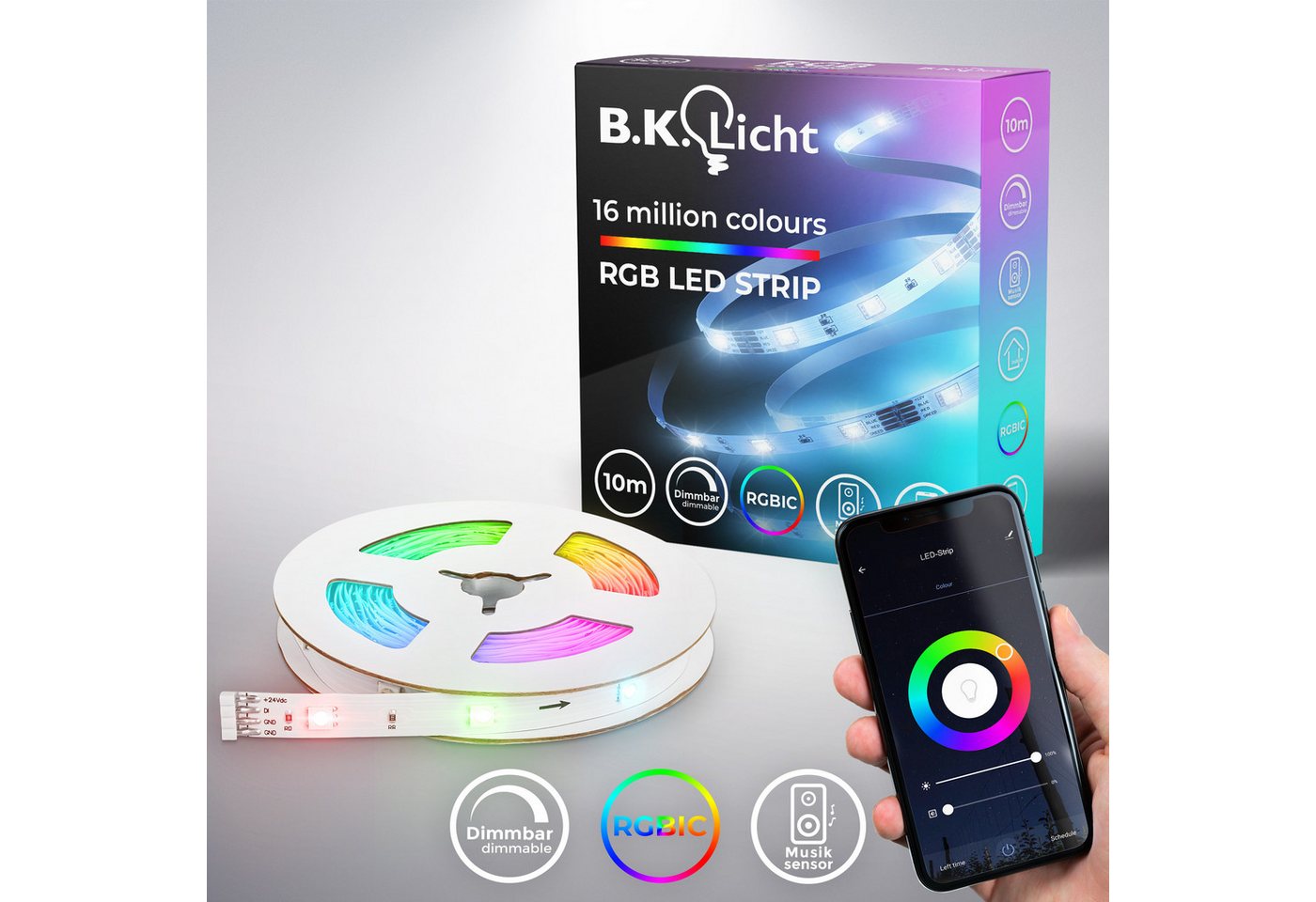 B.K.Licht LED Stripe Wifi RGBIC LED Strip, 10 m, mit App Steuerung, 300-flammig, Lichtleiste, mit Musiksensor, smartes LED Band, Selbstklebend von B.K.Licht