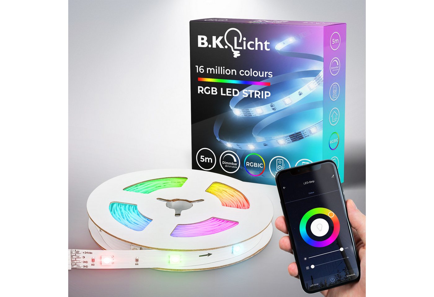 B.K.Licht LED Stripe Wifi RGBIC LED Strip, 5 m, mit App Steuerung, 150-flammig, Lichtleiste, mit Musiksensor, smartes LED Band, Selbstklebend von B.K.Licht