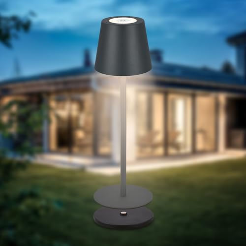 B.K.Licht - LED Tischlampe kabellos IP44 mit Ladestation, stufenlos dimmbar, Akku & Lichtquelle tauschbar, Nachttischlampe, Dekolampe, LED Lampe, Tischleuchte, Wohnzimmer, 36x12 cm (HxD), Anthrazit von B.K.Licht
