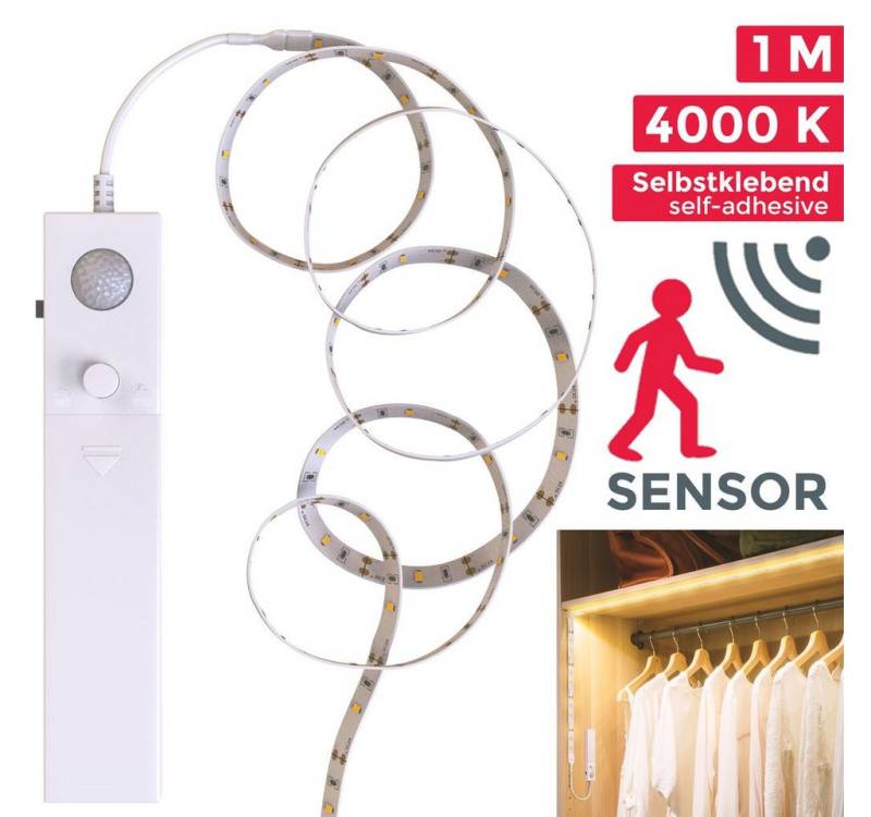 B.K.Licht Schrankleuchte LED Band Bewegungsmelder 1m Lichterkette Weiß - BKL1185, LED fest integriert, Neutralweiß, Silikonbeschichtung Batterie LED Lichtleiste Selbstklebend von B.K.Licht