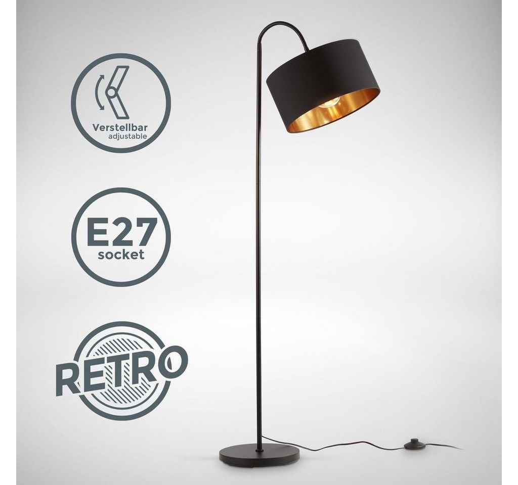 B.K.Licht Stehlampe Stehleuchte Retro Stoff E27 schwarz-gold - BKL1419, ohne Leuchtmittel,  Schwenkbar Stoffschirm 1-flammig 30 cm 140 cm Kabel mit Fußtaster "" von B.K.Licht