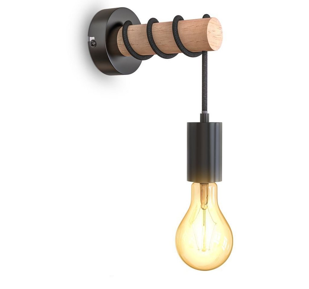 B.K.Licht Wandleuchte Wandlampe Vintage Stahl Holz rund E27 - BKL1342, ohne Leuchtmittel, 1 flammig Industrial Design Schwarz Nachttischlampe von B.K.Licht