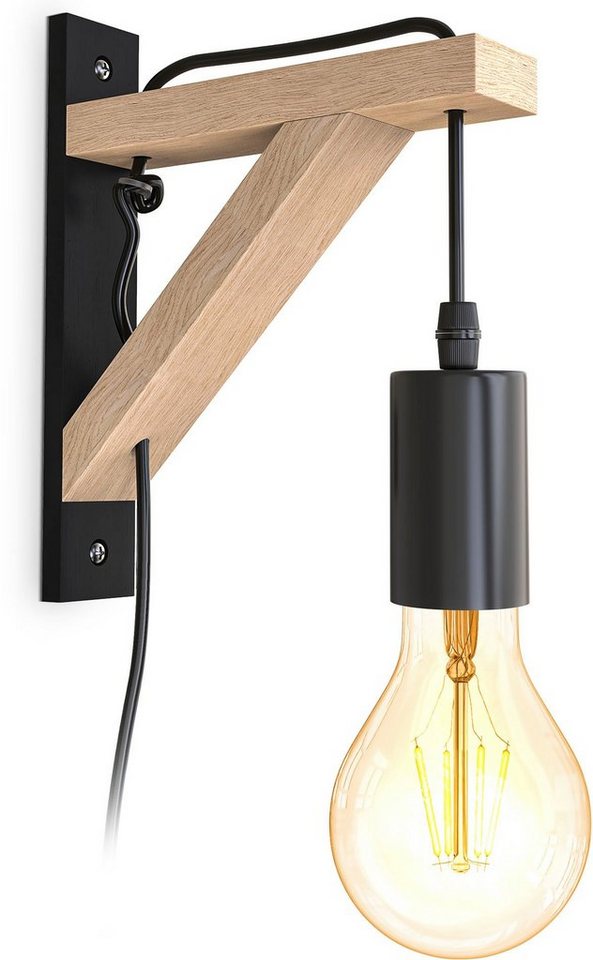 B.K.Licht Wandleuchte BKL1352 Holz-Wandlampe innen, Schwarz, Metall, Landhausstil, ohne Leuchtmittel, 1-flammig mit Schalter, E27-Fasssung, ohne Leuchtmittel von B.K.Licht