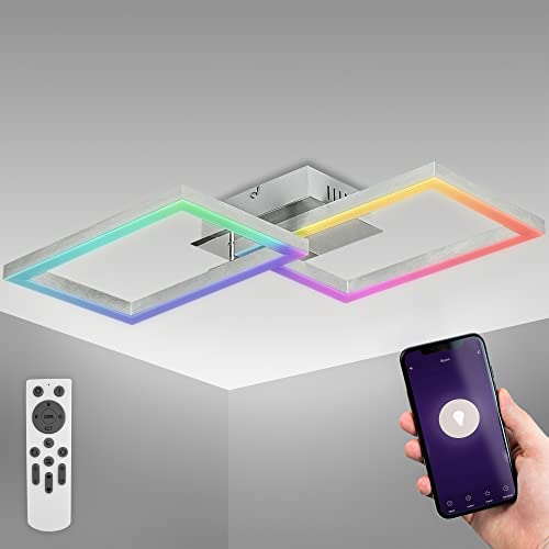 B.K.Licht - Smart Home LED Deckenlampe mit App- und Stprachsteuerung, einstellbar von warmweiß bis kaltweiß, buntes RGB Licht, Lampe,LED Deckenleuchte, Wohnzimmerlampe, 50x38x9,1 cm, Chrom-Alu von B.K.Licht