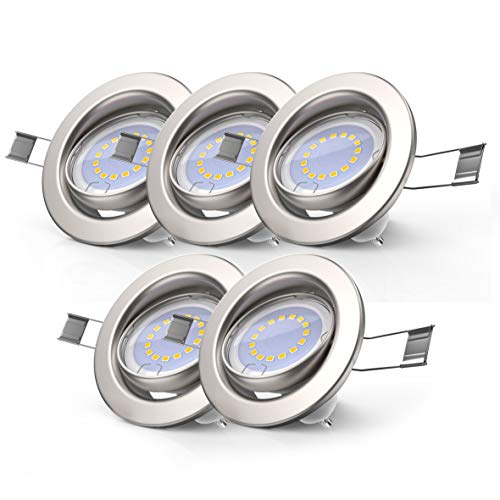 B.K.Licht - 5er Set LED Einbaustrahler 230V dimmbar in Stufen, schwenkbar, Lochmass 68mm, LED Spot, Deckenspots, LED Spots, Einbauleuchten, Einbauspots LED, Deckenstrahler, 86x70 mm, Matt-Nickel von B.K.Licht