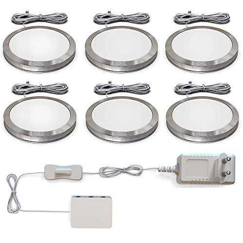 B.K.Licht - 6er Set Unterbauleuchte mit Kabelschalter, warmweiße Lichtfarbe, je 1,8W, Unterbauleuchte Küche, LED Lichtleiste Küche, Schrankbeleuchtung, Küchenlampe, 59x9,5 mm, Aluminiumfarbig von B.K.Licht