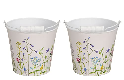 2 x Metall Eimer Blüten mit Henkel weiß Garten Blumentopf Fensterdeko Fensterschmuck Gold Dekoeimer Kübel 2er Set von B2S BACK2SEASON