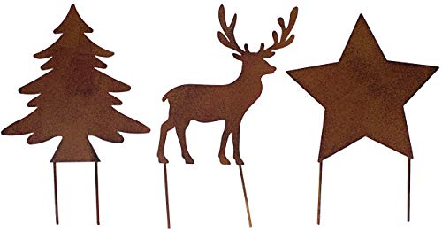 B2S BACK2SEASON Metall Stecker Baum Stern Rentier Rost-Optik Advent Weihnachten Gartenstecker H=20 cm + 8 cm Stab 3er Set von B2S BACK2SEASON
