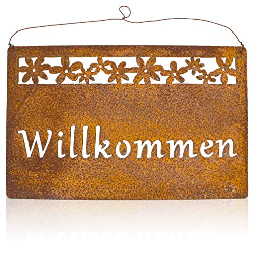 B2S BACK2SEASON Metall Tafel Willkommen Rost-Finish Blüten Blumen Metall Schild Hallo Wellcome Garten Dekoration hängen Wandschild Schriftzug Gartendekoration Edelrostdeko antik Nostalgie braun B30cm von B2S BACK2SEASON