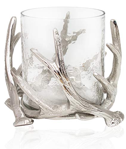 B2S BACK2SEASON Windlicht Geweih mit Glaseinsatz Kerzenhalter Glaswindlicht Metall Silber edel Hirsch D=22cm von B2S BACK2SEASON