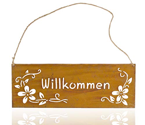 Metall-Tafel Herzlich Willkommen Rost-Finish Schnur aufhängen Herz Verzierung Schild Garten Muttertag Mothersday deko Ganzjahres-Schild Schriftzug Gartendeko Edelrostdeko antik braun B=25 cm von B2S BACK2SEASON