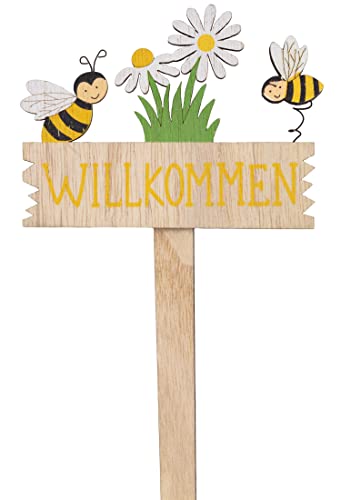 Willkommen Schild mit Bienen und Blumen zum stecken Holz Tafel Frühlingsdeko Wellcome Deko H=26 cm von B2S BACK2SEASON