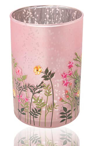 Windlicht Blumen Blüten Silber rosa Glas Kerzenhalter Glaswindlicht Teelicht Frühling H=12 cm von B2S BACK2SEASON